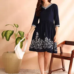Moda Rapido Women Blue Embroidered Viscose Rayon Fit and Flare Dresses-picture-33