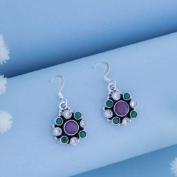 Dab 937 Sterling Silver Artificial Stones Studded Floral Shaped Drop Earrings-image-2