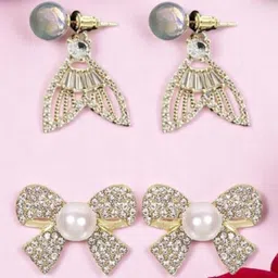 KRENOZ Set Of 2 Gold-Plated Rhinestones Studded & Pearls Beaded Contemporary Drop Earrings-58