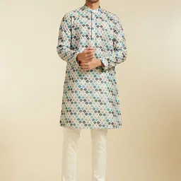 Diwas by Manyavar Geometric Printed Mandarin Collar Thread Work Straight Kurta-image-51