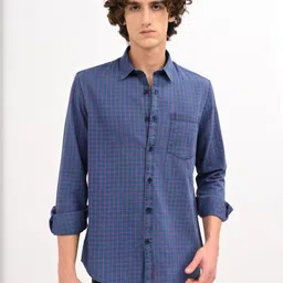 Blu MNKY Men Classic Fit Checked Spread Collar Cotton Casual Shirt-picture-49