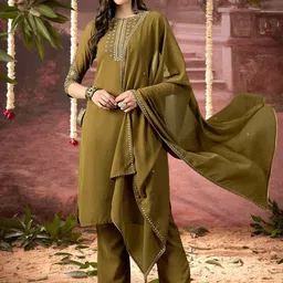 SheWill Floral Embroidered Sequinned Georgette Straight Kurta With Trouser & Dupatta-image-25