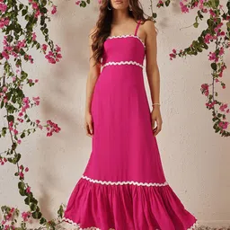 ATRAENTA Women Solid Shoulder Straps Lace Inserts Detail Flounce Hem Maxi Dress-image-59