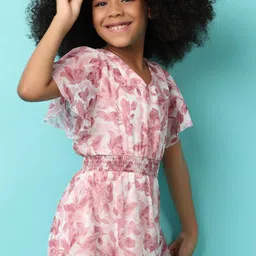 V-Mart Girls Floral Printed Flutter Sleeve Fit & Flare Dress-image-21