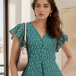 RARE Floral Print Flutter Sleeve Georgette Top-image-82