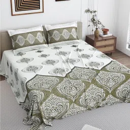 DREAM WEAVERZ Olive Green & White Printed Cotton 250 TC King Bedsheet Set 2.75 m x 2.55 m-image-79