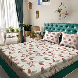 KLOTTHE Beige And Red Floral Printed Cotton 400 TC Double Bedsheet Set 2.50 m x 2.20 m-0