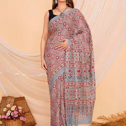 Shivanya  Handicrafts Ajrak Printed Pure Cotton Block Print Saree image 1