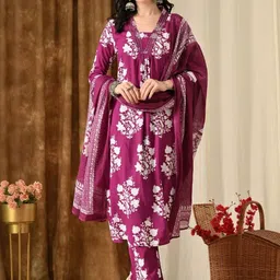 HERE&NOW Women Floral Printed Regular Pure Cotton Kurta with Trousers & With Dupatta-picture-20