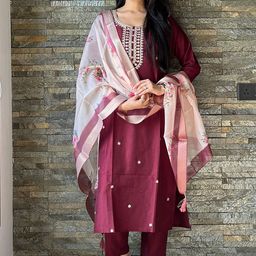 MOKOSH Women Sequinned Embroidered Regular Kurta with Trousers & Dupatta image 4
