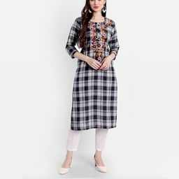 4u Fashion Women Checked Thread Work Khadi Kurta-image-92