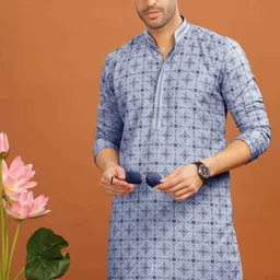 Anouk Blue Geometric Printed Sequinned Mandarin Collar Cotton Straight Kurta-picture-17