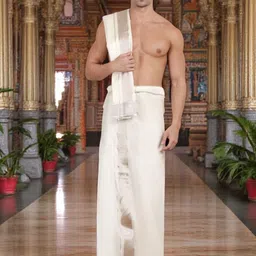 WHITE HEART Mens Silver Tissue Zari Bordered Dhoti Set-image-9