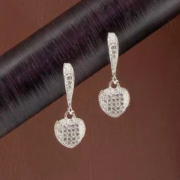 PRIVIU Silver-Plated American Diamond Studded Heart Shaped Drop Earrings-3