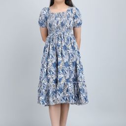 YK Women Blue Puff Sleeves Square Neck Fit and Flare Smocked Cotton Causal Dresses-picture-10