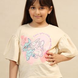 Kids Ville Girls Lilo & Stitch Printed Pure Cotton Relaxed Fit T-shirt-image-10