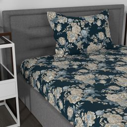 Myntra Elegant Homes Navy Blue & White Floral 144 TC Single Bedsheet with 1 Pillow Covers-image-86