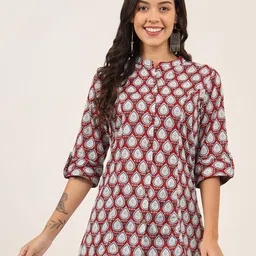 BAESD Floral Print Mandarin Collar Roll-Up Sleeves Ethnic Cotton Top-image-99