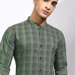 HIGHLANDER Men Band Collar Textured Cotton Casual Shirt-image-50