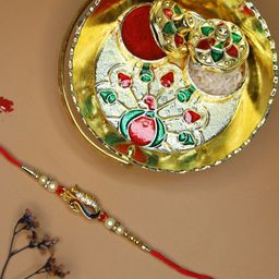 Anouk Beaded Rakhi With Pooja Thali & Roli Chawal & Greetings Card-image-74