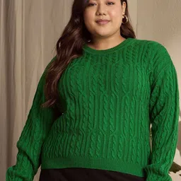 Berrylush Curve Women Plus Size Cable Knit Round Neck Pullover Sweater-image-16