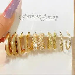 Honbon Set Of 5 Gold-Plated Pearls Beaded Circular Shape Hoop Earrings-13