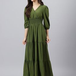 Krunal Raiyani Women Smocked Tiered Puff Sleeves Fit & Flare Maxi Dress-picture-4