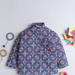 BAATCHEET Boys Ethnic Motifs Printed Band Collar Pure Cotton Short Kurta-11