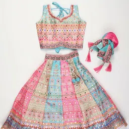 NKV Girls Printed Mirror Work Tie and Dye Ready to Wear Lehenga & Blouse With Dupatta-picture-40