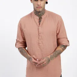 SHOWOFF Mandarin Collar Roll-Up Sleeves Straight Kurta-image-83