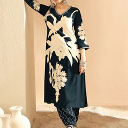 Indo Era Floral Printed V-Neck Beads and Stones Screen Technique Kurta With Salwar-picture-48