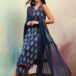 Khushal K Women Ethnic Motifs Printed Regular Pure Cotton Kurta with Palazzos & With Dupatta-22
