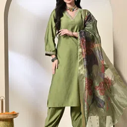 Sangria Embroidered V-Neck Straight Kurta With Salwar & Dupatta Set-54