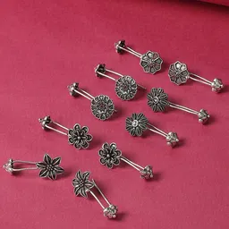 fabula Set of 5 Floral Shaped Oxidised Ear Cuff Earrings-33