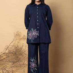 AUTUMN LANEFloral Embroidered Shirt Collar Pure Cotton Shirt With Trouser-46