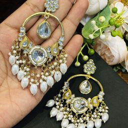 Dhivara Gold-Plated Artificial Stones Studded & Beaded Contemporary Shaped Drop Earrings-image-91
