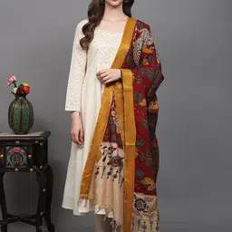 Exotic India Floral Printed Cotton Silk Kalamkari Dupatta From Telangana-image-66