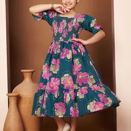 OTABU Girls Floral Printed Puff Sleeve Tiered Smocked Fit & Flare Midi Dress-picture-47