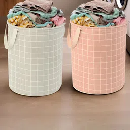 Myntra Elegant Homes 2Pc Grey & Brown Checked Cotton Foldable Laundry Bag With Handles-36
