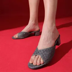 Kneetoes Women Sparkly Grey Block Heel Sandals-image-28