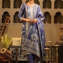 Indo Era Floral Woven Design V-Neck Liva Zari Straight Kurta & Trousers With Dupatta-picture-43