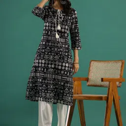 Sangria Black Abstract Printed Tie-Up Neck Pure Cotton Straight Kurta With Trousers-image-49