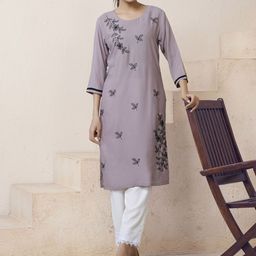 CaniBani Floral Embroidered Thread Work Linen Straight Kurta-picture-0