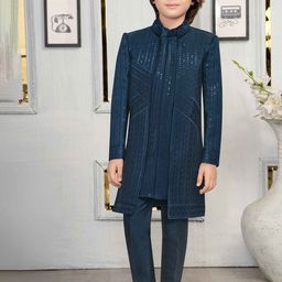 Lagorii Boys Embroidered Sequins Mandarin Collar Indo-Western Sherwani Style Suit-image-11