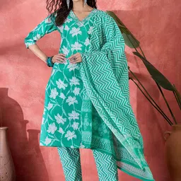 RangDeep Women Floral Printed Regular Pure Cotton Kurta with Trousers & With Dupatta-40
