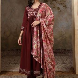 BANDIA Women Floral Yoke Design Empire Thread Work Pure Cotton Kurta with Trousers & With Dupatta-image-47