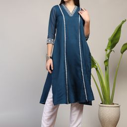 Moda Rapido Floral Embroidered Cotton Blend V-Neck A-Line Kurta With Trousers-image-91