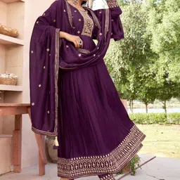 Sangria Embroidered Round Neck Anarkali Kurta With Trouser & Dupatta-35