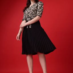 PTVIZE Women V-Neck Accordion Pleats Puff Sleeves Crepe Fit & Flare Dress-image-22