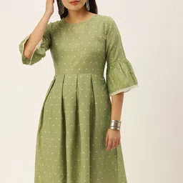 HRITIKA Geometric Self Design Bell Sleeves Silk Fit and Flare Dress-image-6